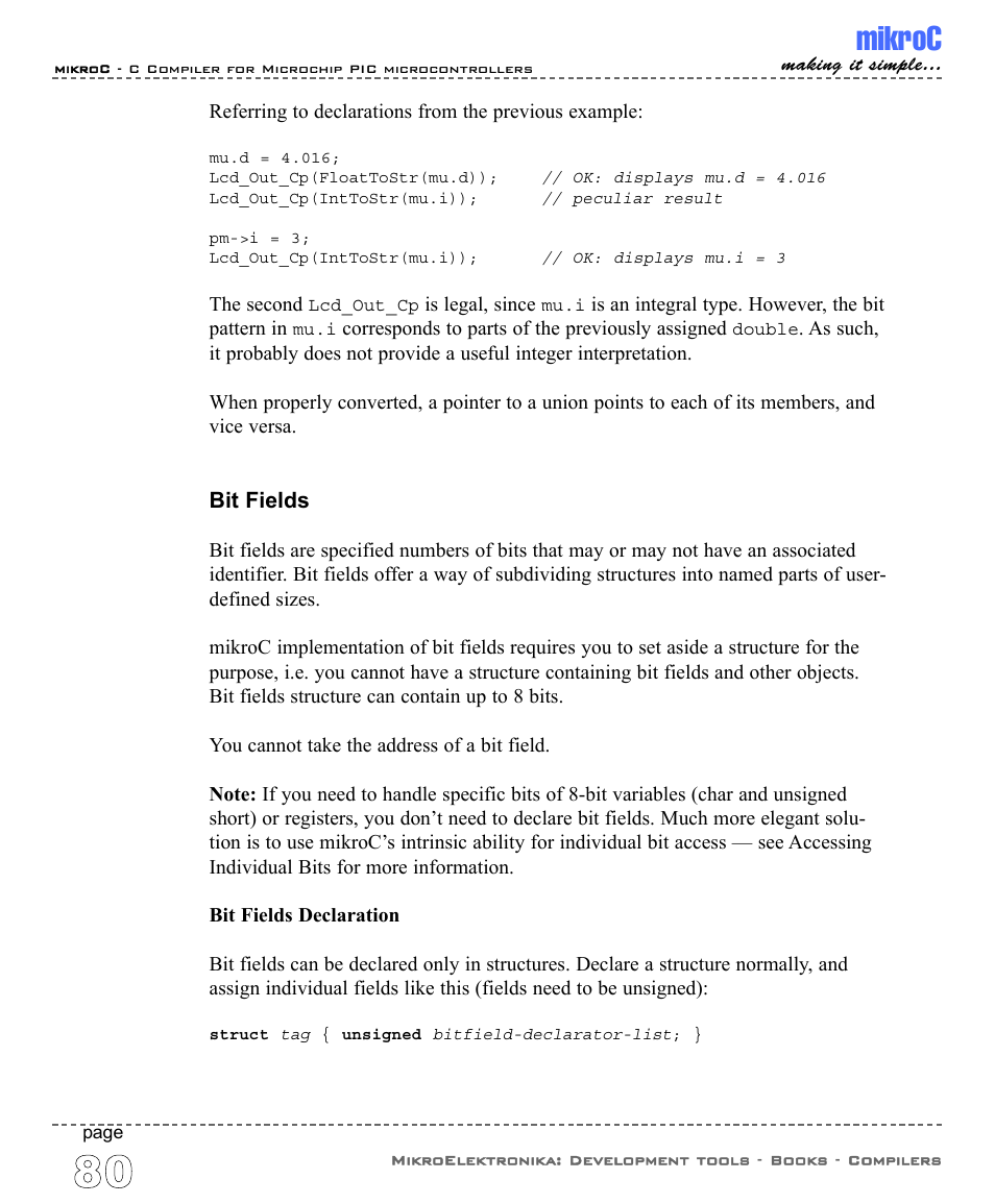 Bit fields, Mikroc | ABL electronic PIC Microcontrollers PIC16 User Manual | Page 88 / 312