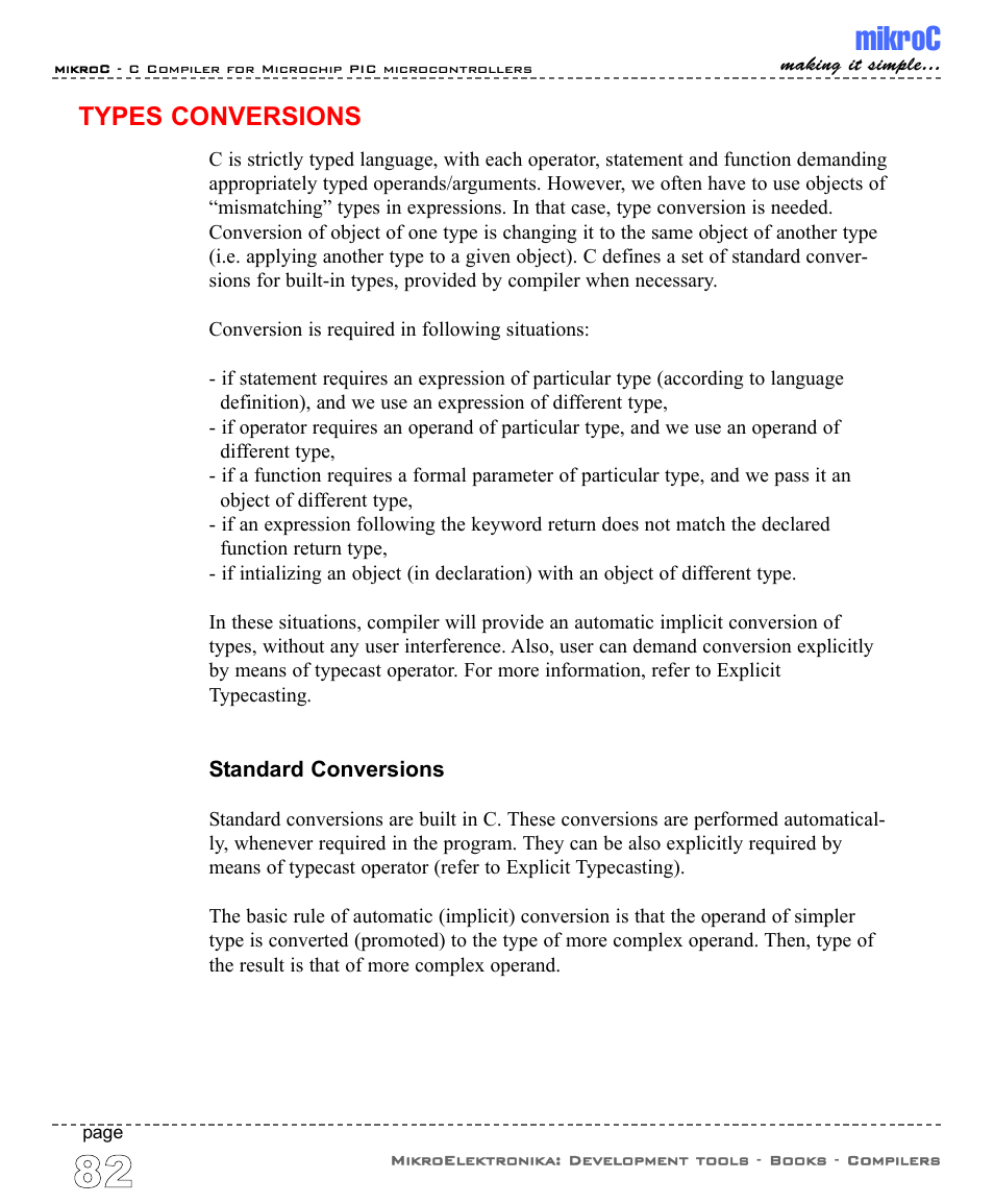 Types conversions, Standard conversions, Mikroc | ABL electronic PIC Microcontrollers PIC16 User Manual | Page 90 / 312