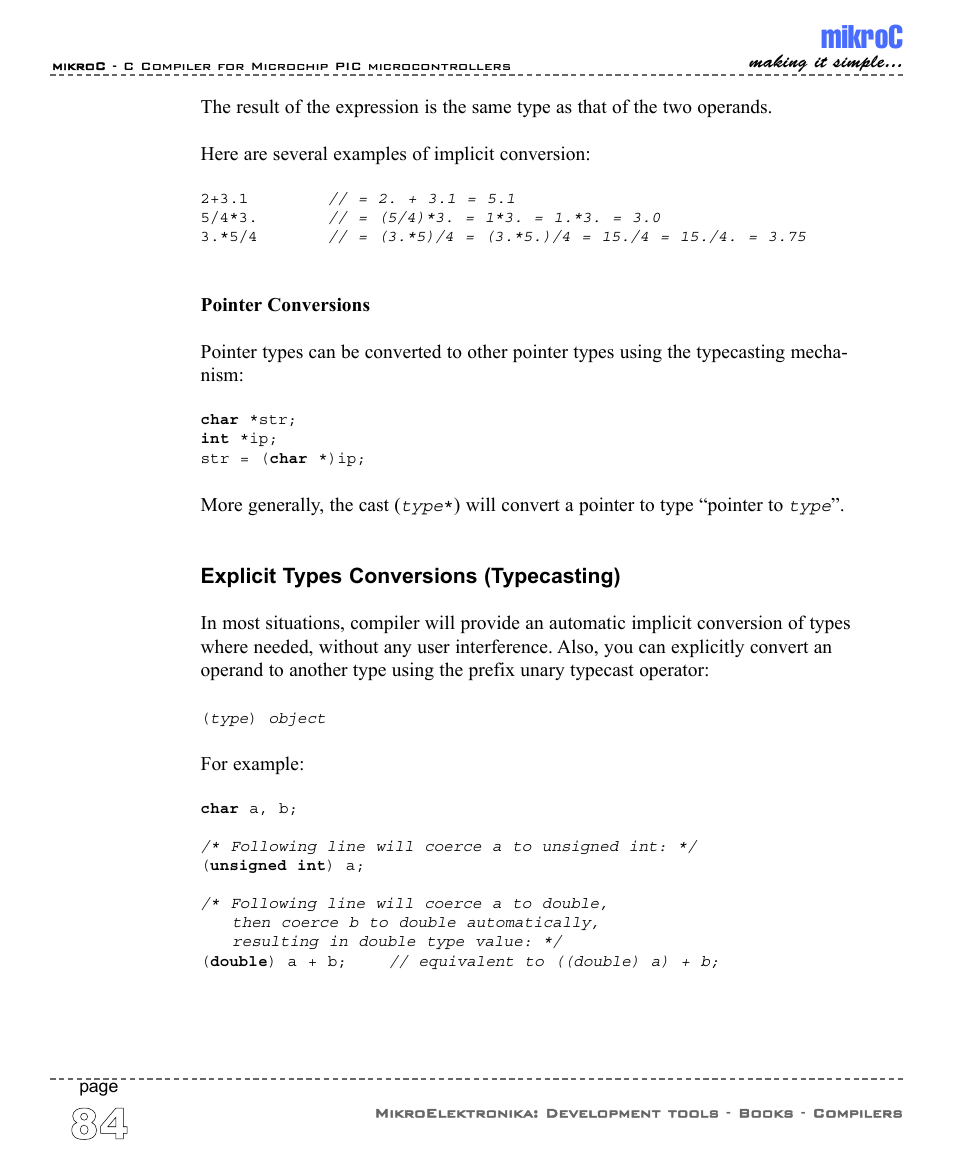 Explicit types conversions (typecasting), Mikroc | ABL electronic PIC Microcontrollers PIC16 User Manual | Page 92 / 312