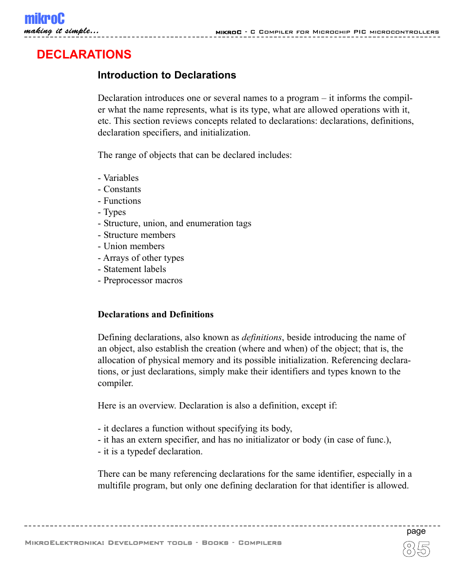 Declarations, Introduction to declarations, Mikroc | ABL electronic PIC Microcontrollers PIC16 User Manual | Page 93 / 312