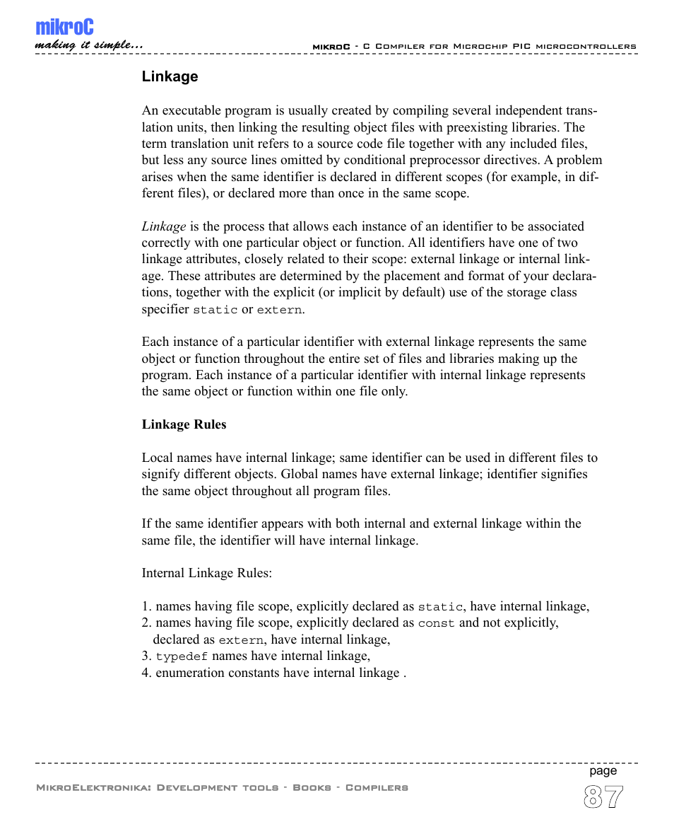 Linkage, Mikroc | ABL electronic PIC Microcontrollers PIC16 User Manual | Page 95 / 312