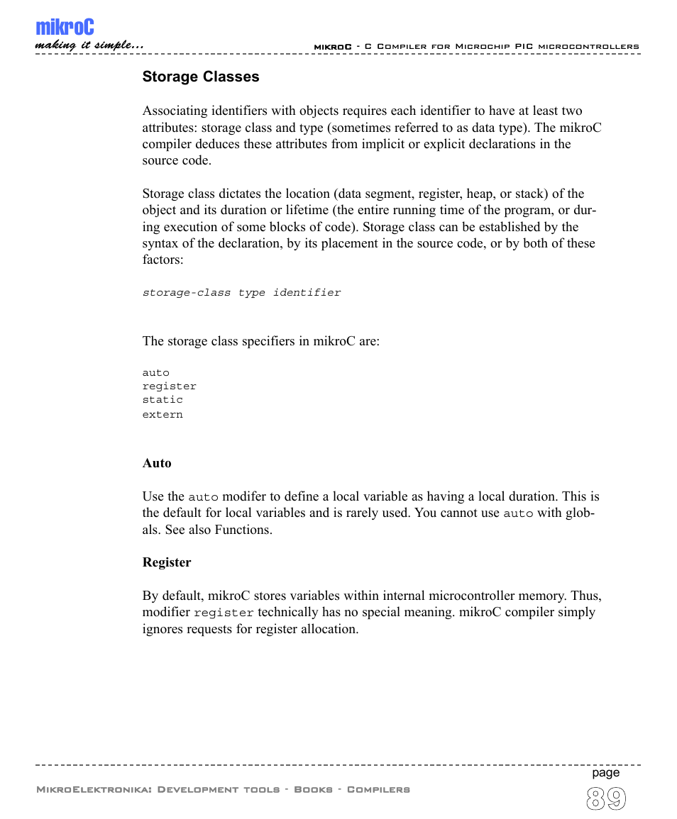 Storage classes, Mikroc | ABL electronic PIC Microcontrollers PIC16 User Manual | Page 97 / 312