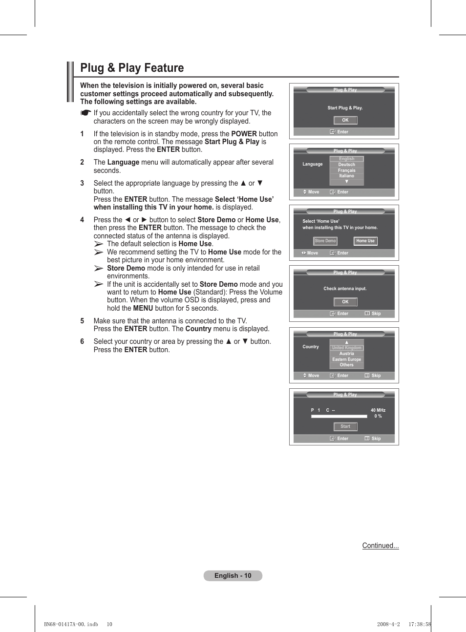 Plug & play feature | Samsung PS50A451P1 User Manual | Page 10 / 483
