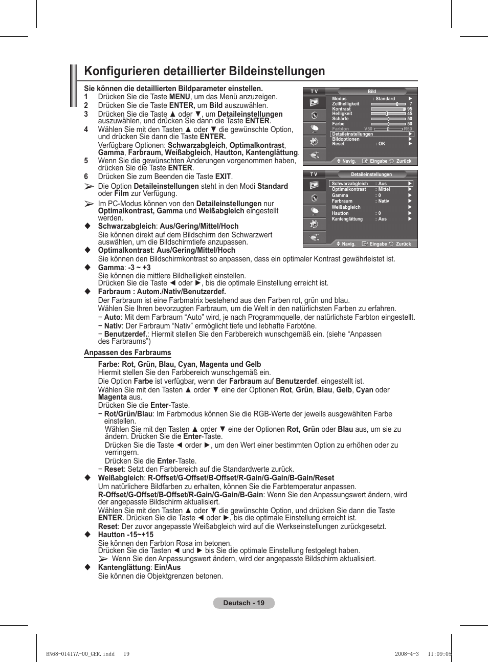 Konfigurieren detaillierter bildeinstellungen | Samsung PS50A451P1 User Manual | Page 100 / 483