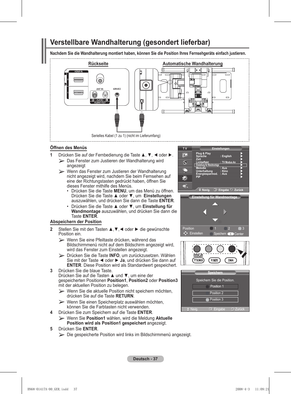 Verstellbare wandhalterung (gesondert lieferbar) | Samsung PS50A451P1 User Manual | Page 118 / 483