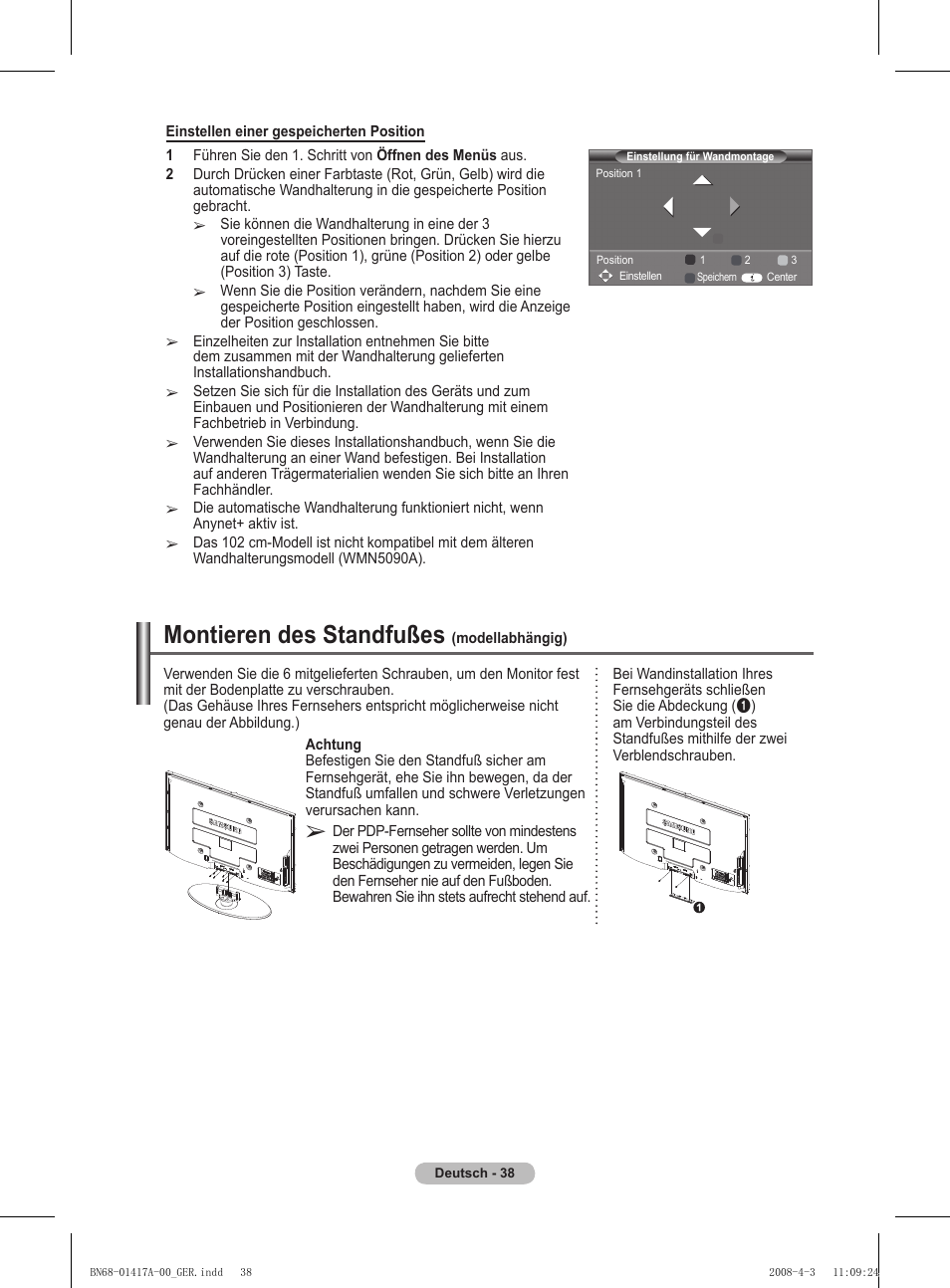 Montieren des standfußes | Samsung PS50A451P1 User Manual | Page 119 / 483