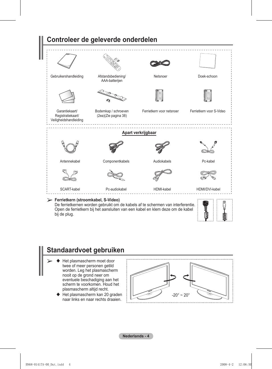 Standaardvoet gebruiken, Controleer de geleverde onderdelen | Samsung PS50A451P1 User Manual | Page 125 / 483