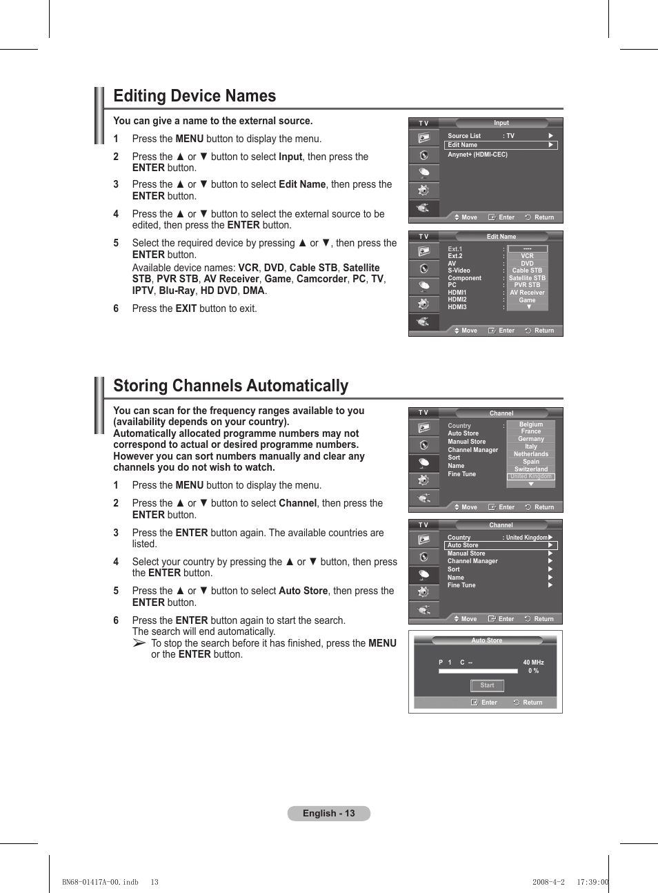 Editing device names, Storing channels automatically | Samsung PS50A451P1 User Manual | Page 13 / 483