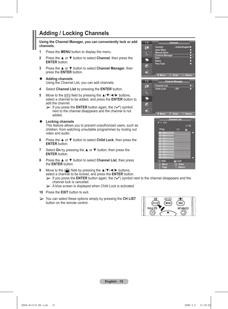 Adding / locking channels | Samsung PS50A451P1 User Manual | Page 15 / 483
