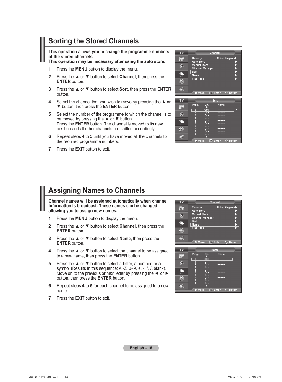 Sorting the stored channels, Assigning names to channels | Samsung PS50A451P1 User Manual | Page 16 / 483