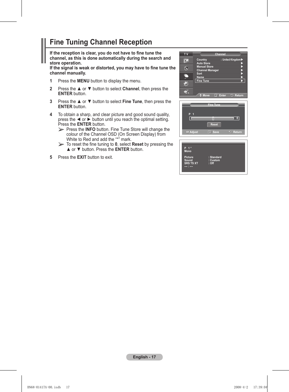 Fine tuning channel reception | Samsung PS50A451P1 User Manual | Page 17 / 483