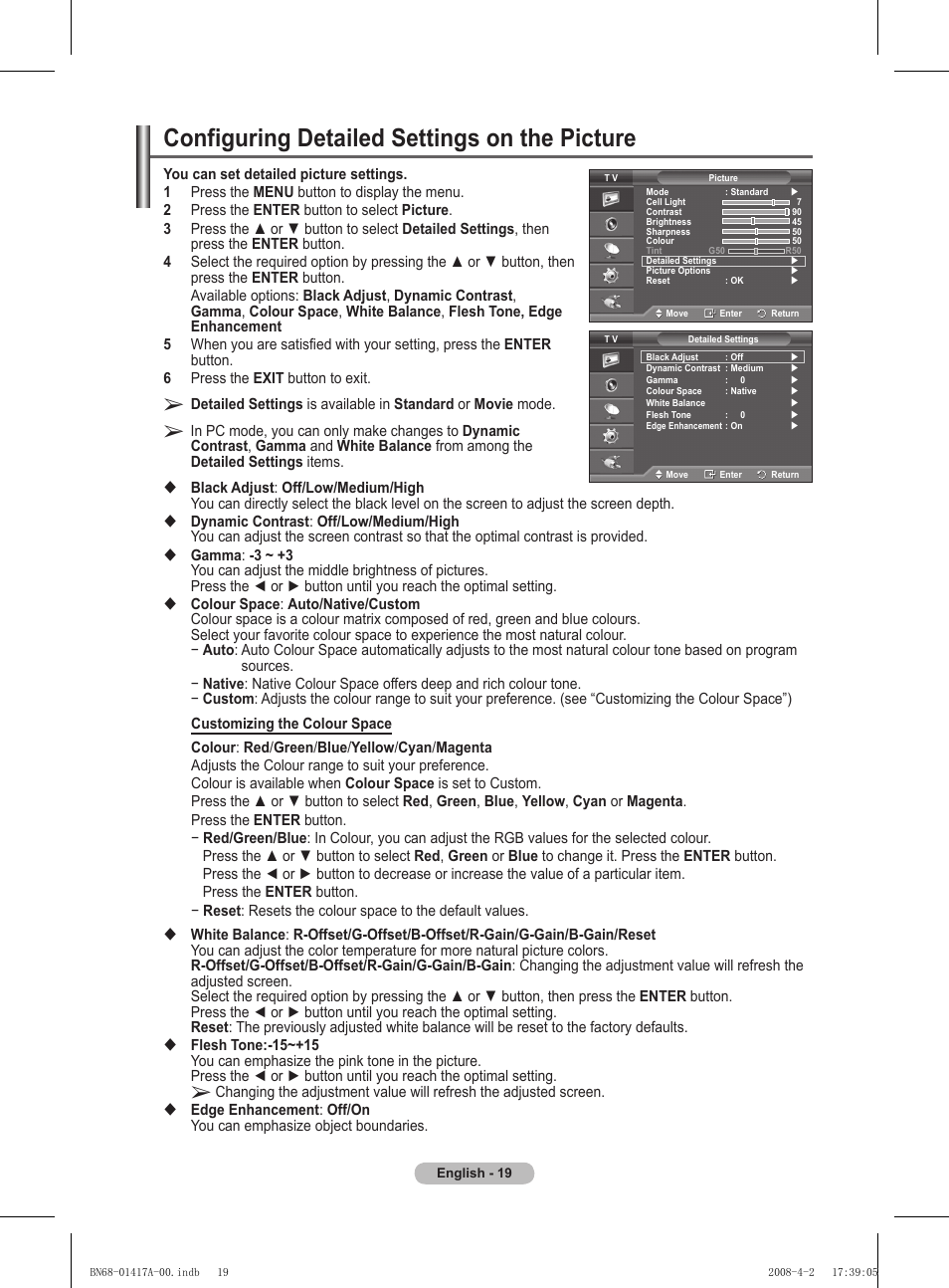 Configuring detailed settings on the picture | Samsung PS50A451P1 User Manual | Page 19 / 483