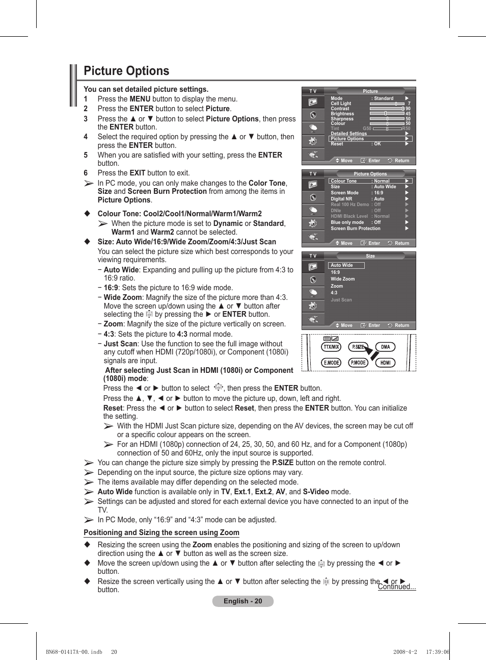 Picture options | Samsung PS50A451P1 User Manual | Page 20 / 483