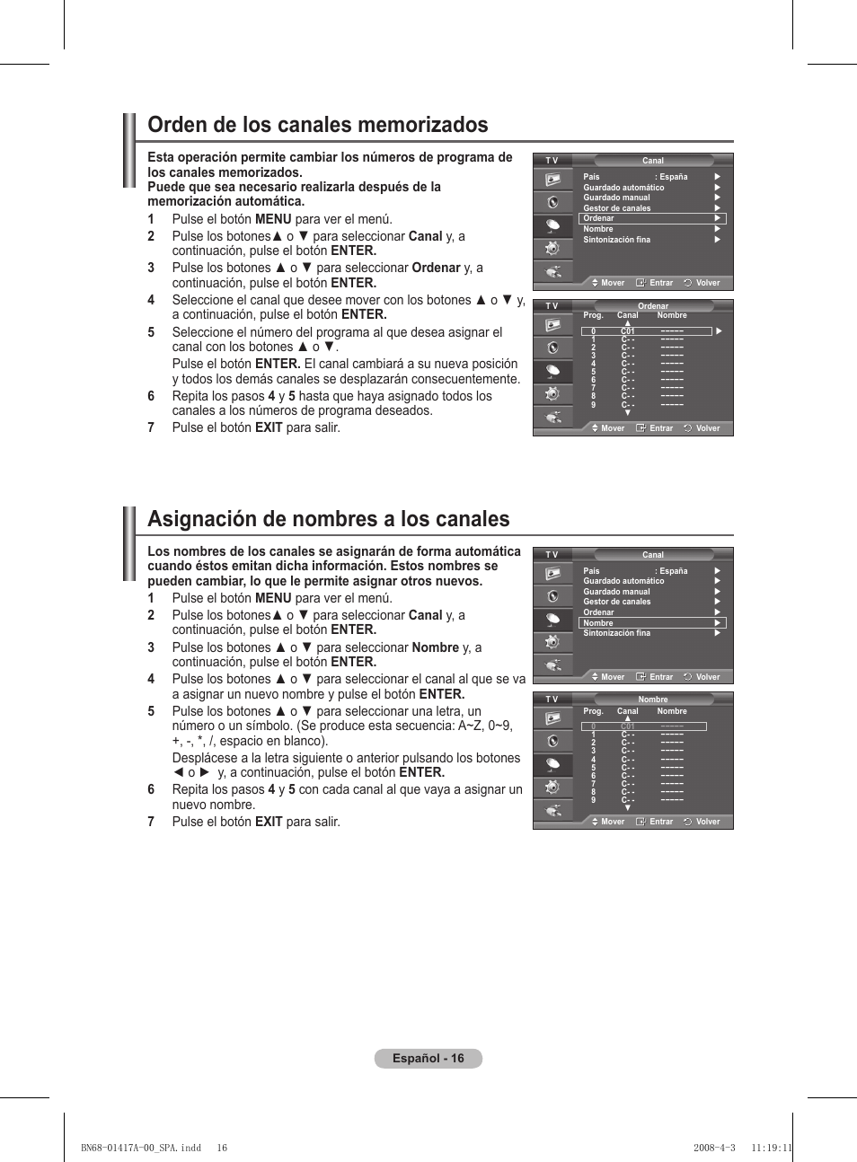 Asignación de nombres a los canales | Samsung PS50A451P1 User Manual | Page 218 / 483