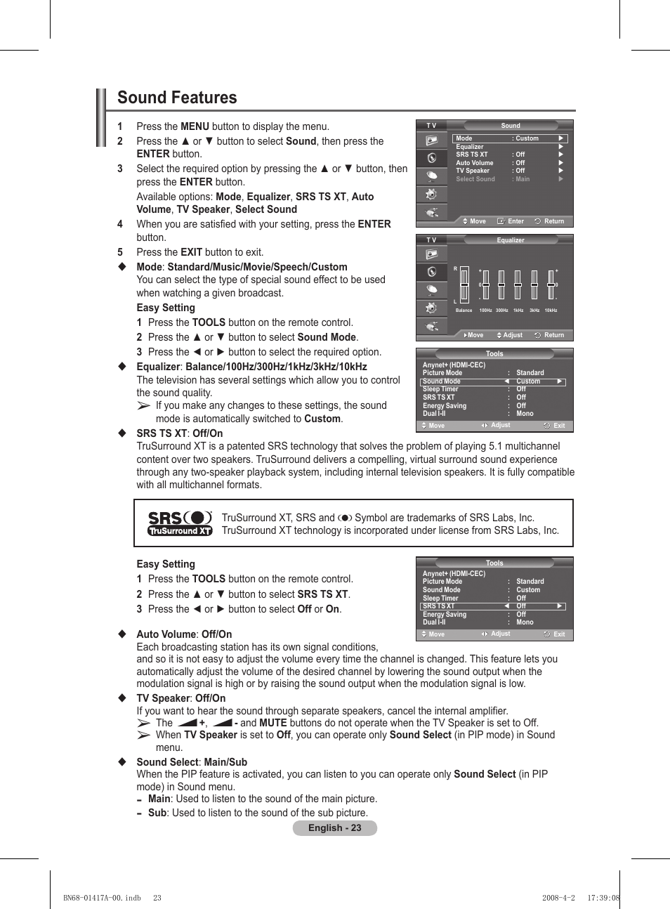Sound features | Samsung PS50A451P1 User Manual | Page 23 / 483