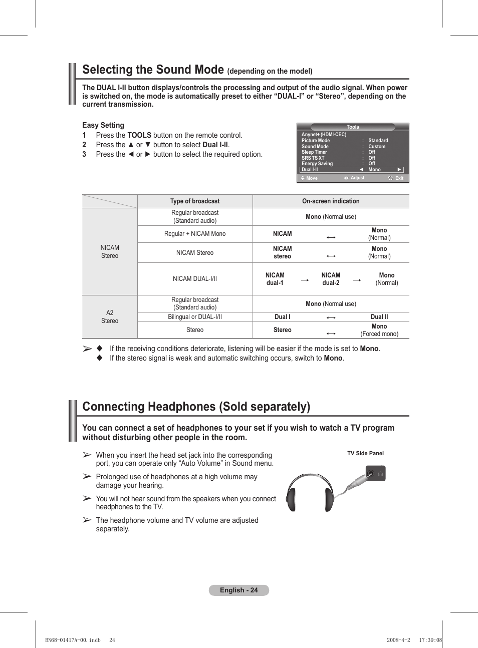 Selecting the sound mode (depending on the model), Connecting headphones (sold separately, Selecting the sound mode | Connecting headphones (sold separately) | Samsung PS50A451P1 User Manual | Page 24 / 483