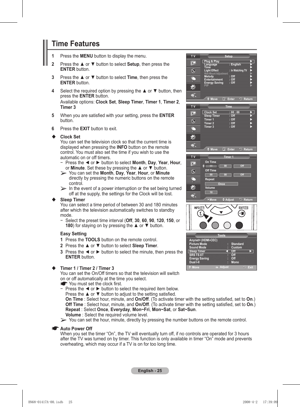 Time features | Samsung PS50A451P1 User Manual | Page 25 / 483