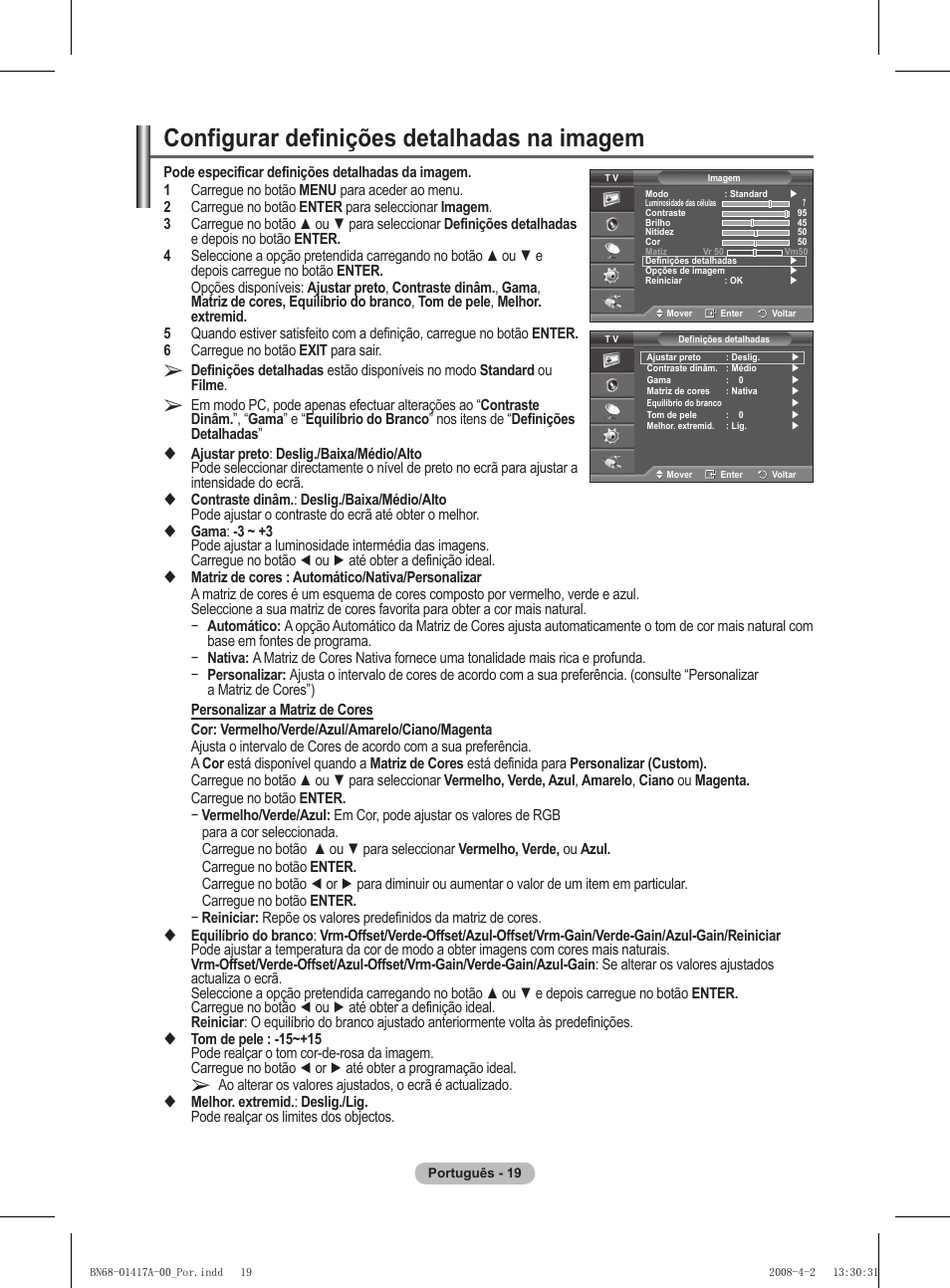 Configurar definições detalhadas na imagem | Samsung PS50A451P1 User Manual | Page 261 / 483