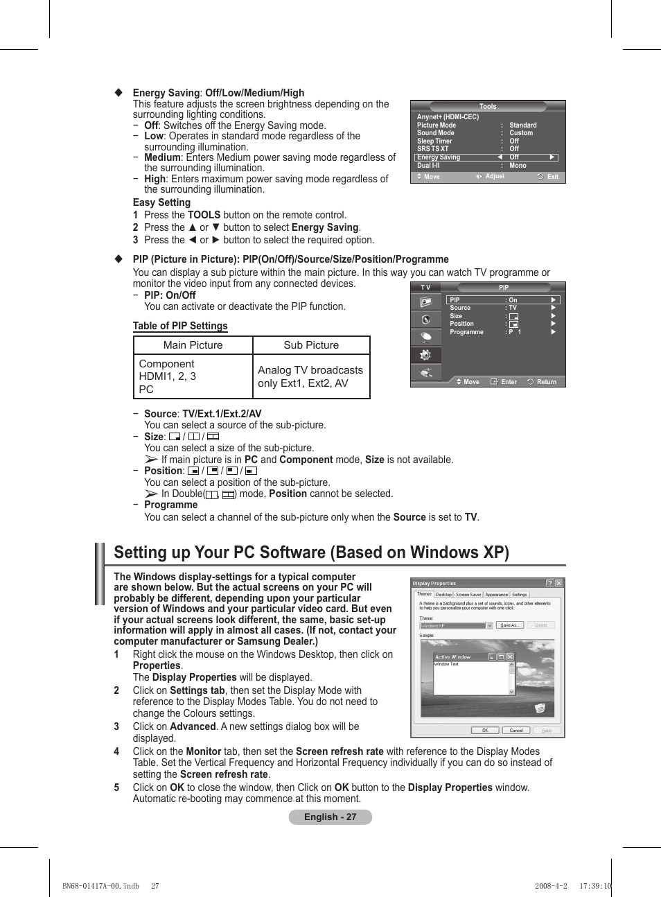 Setting up your pc software (based on windows xp) | Samsung PS50A451P1 User Manual | Page 27 / 483