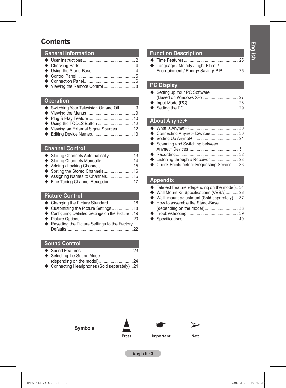 Samsung PS50A451P1 User Manual | Page 3 / 483