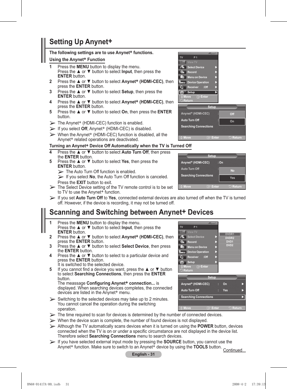 Setting up anynet, Scanning and switching between anynet+ devices | Samsung PS50A451P1 User Manual | Page 31 / 483
