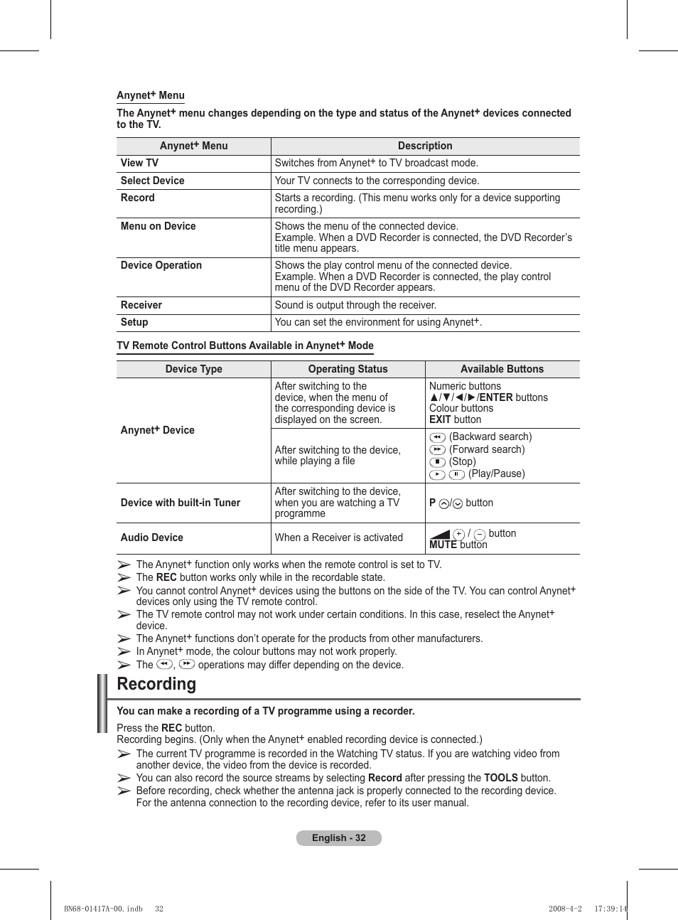Recording | Samsung PS50A451P1 User Manual | Page 32 / 483