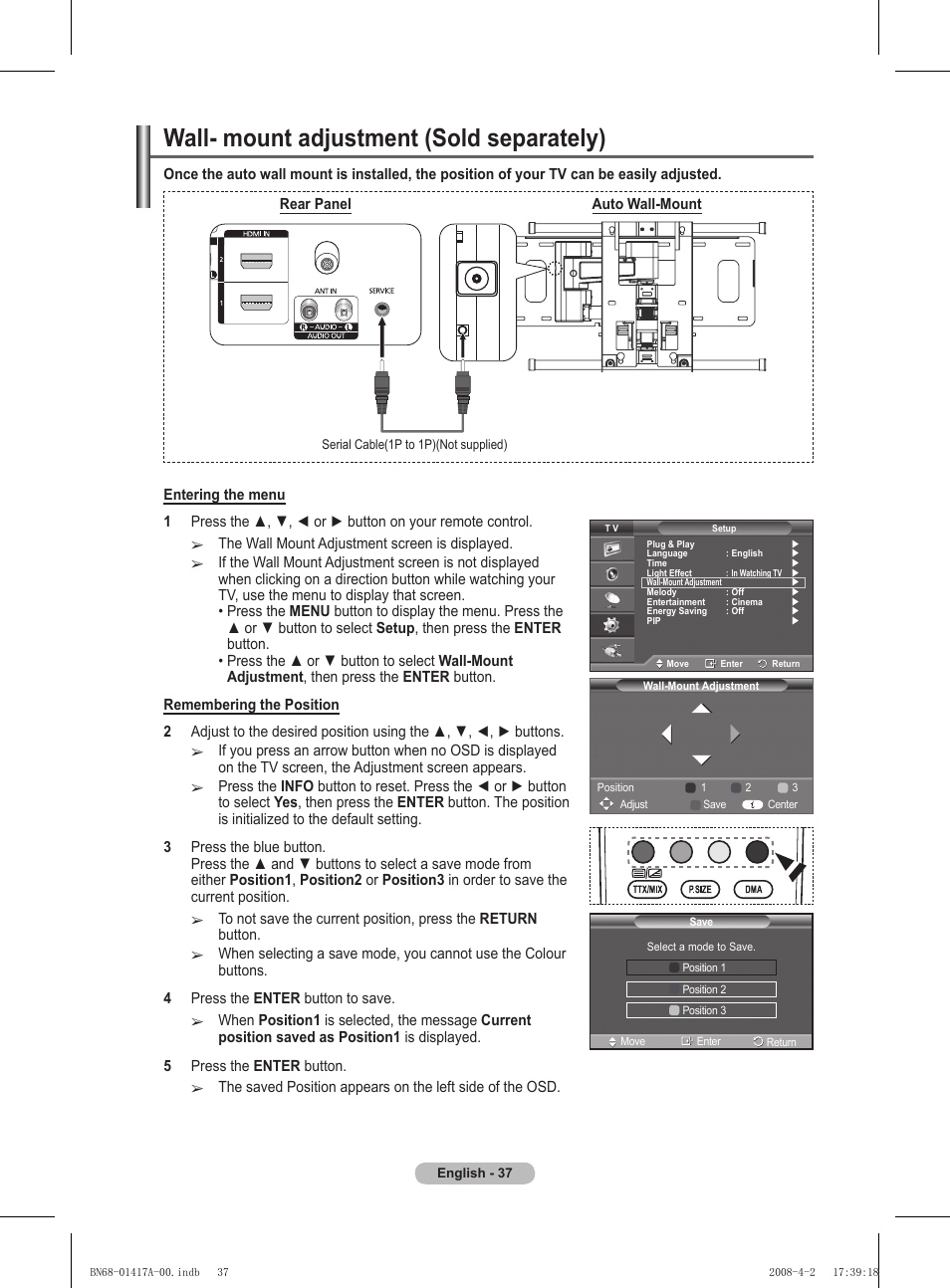 Wall- mount adjustment (sold separately) | Samsung PS50A451P1 User Manual | Page 37 / 483