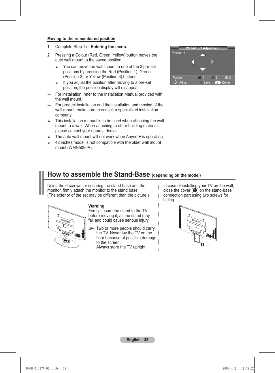 How to assemble the stand-base | Samsung PS50A451P1 User Manual | Page 38 / 483