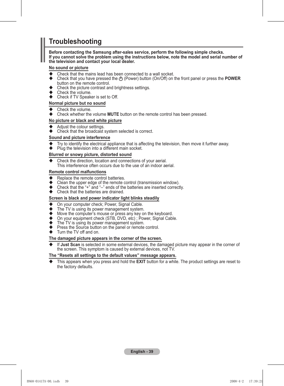 Troubleshooting | Samsung PS50A451P1 User Manual | Page 39 / 483