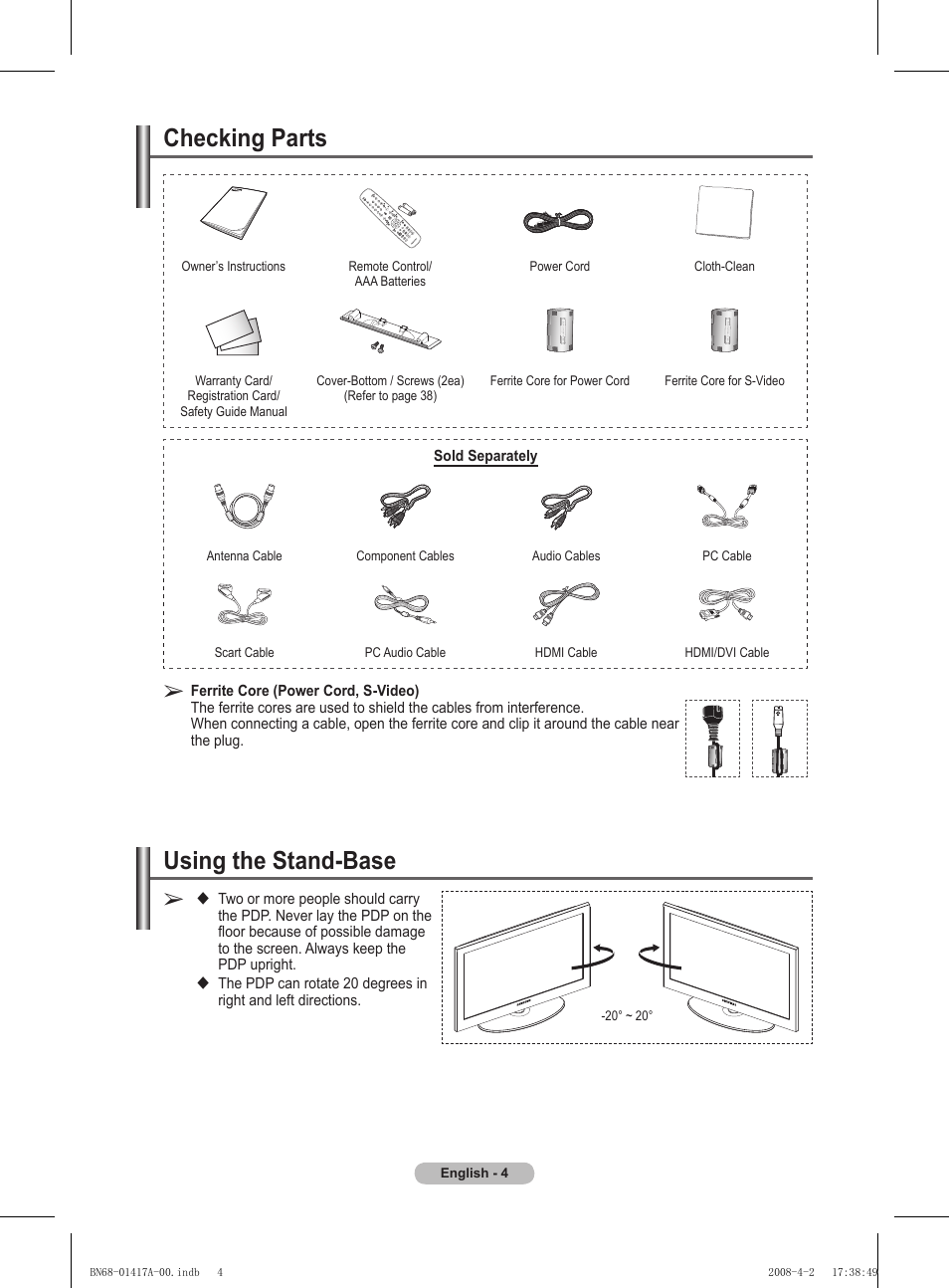 Checking parts, Using the stand-base | Samsung PS50A451P1 User Manual | Page 4 / 483