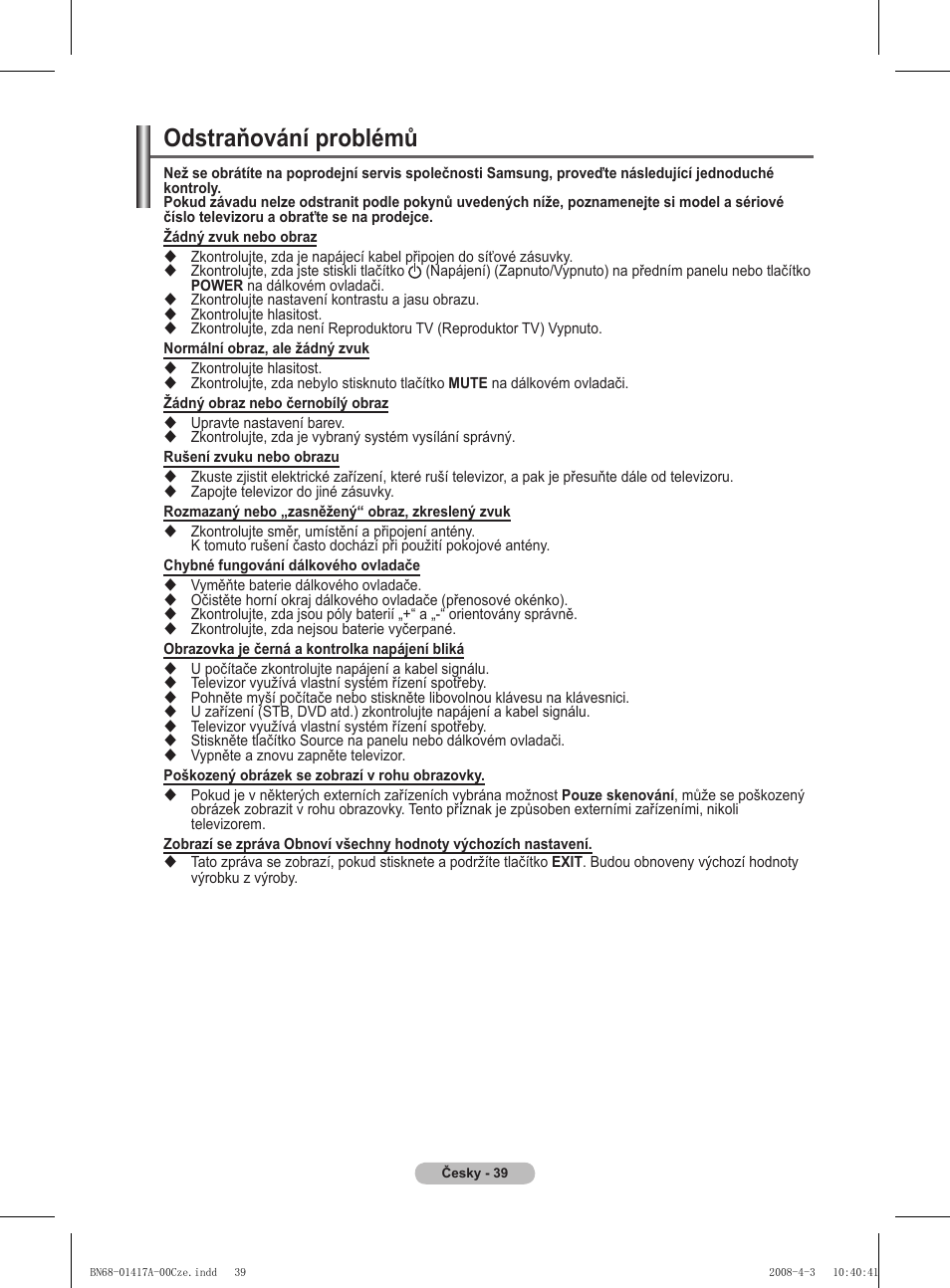 Odstraňování problémů | Samsung PS50A451P1 User Manual | Page 401 / 483