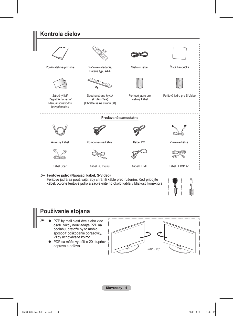 Kontrola dielov, Používanie stojana | Samsung PS50A451P1 User Manual | Page 406 / 483