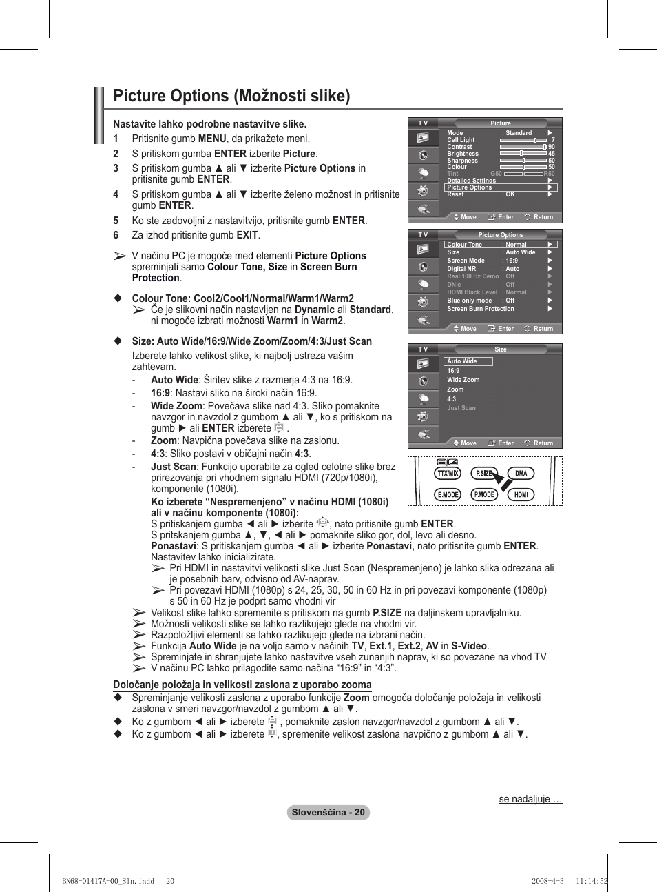 Picture options (možnosti slike) | Samsung PS50A451P1 User Manual | Page 462 / 483