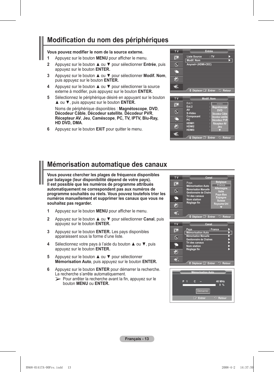 Modification du nom des périphériques, Mémorisation automatique des canaux | Samsung PS50A451P1 User Manual | Page 54 / 483