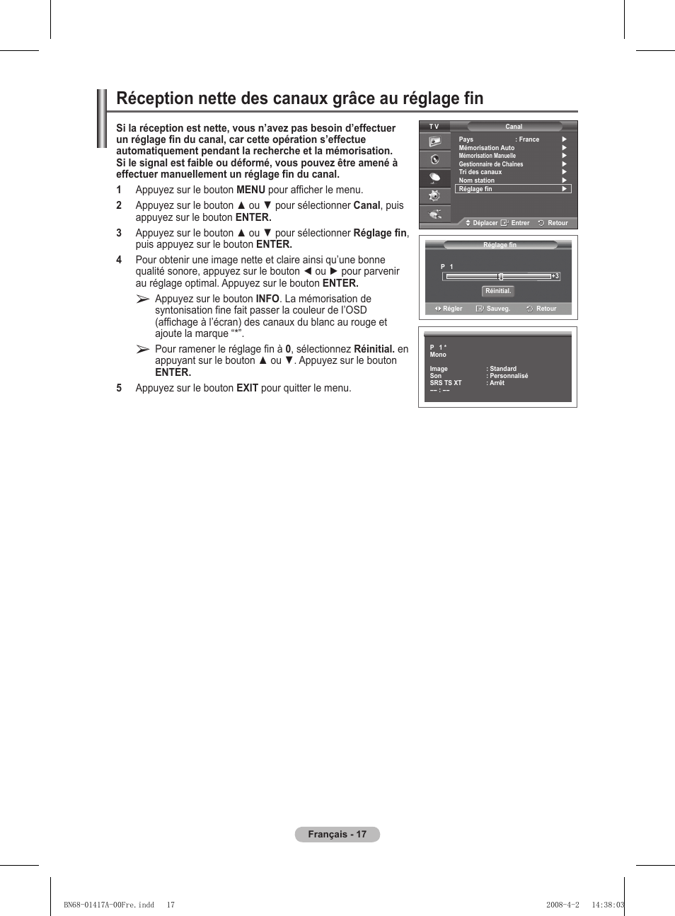 Réception nette des canaux grâce au réglage fin | Samsung PS50A451P1 User Manual | Page 58 / 483