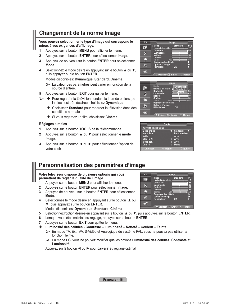 Personnalisation des paramètres d’image, Changement de la norme image | Samsung PS50A451P1 User Manual | Page 59 / 483