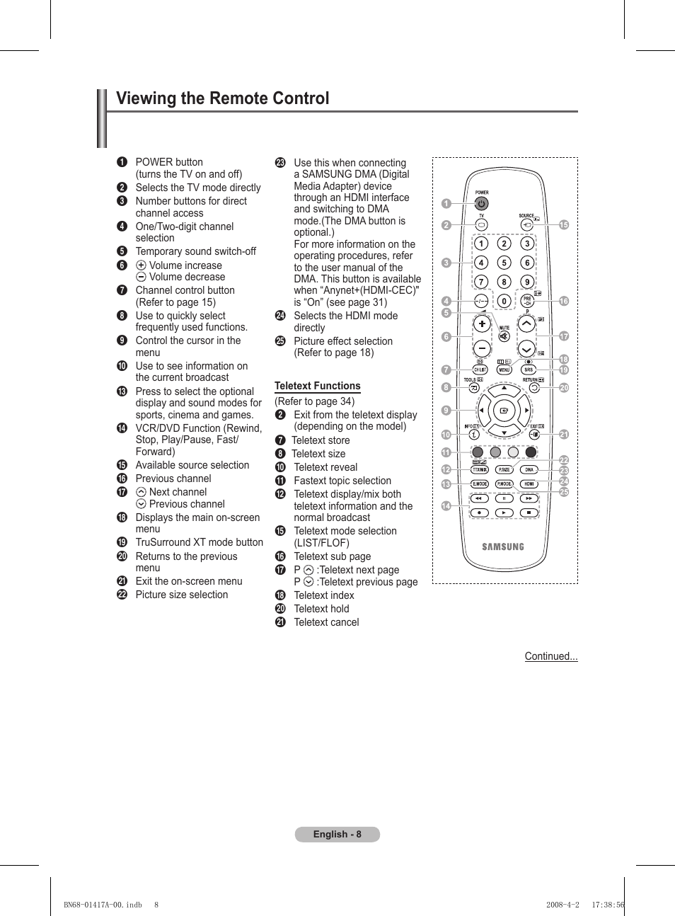 Viewing the remote control | Samsung PS50A451P1 User Manual | Page 8 / 483