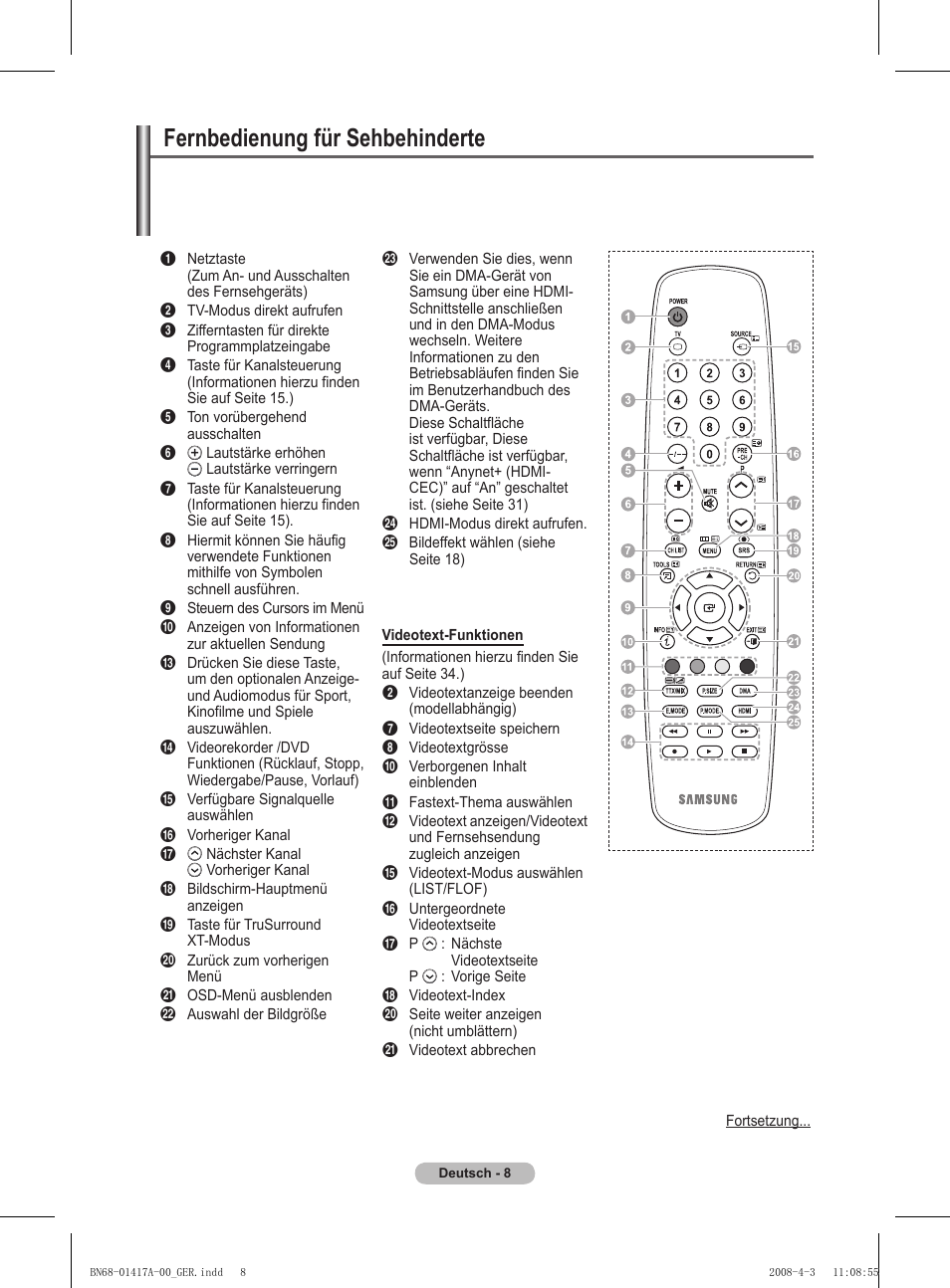 Fernbedienung für sehbehinderte | Samsung PS50A451P1 User Manual | Page 89 / 483