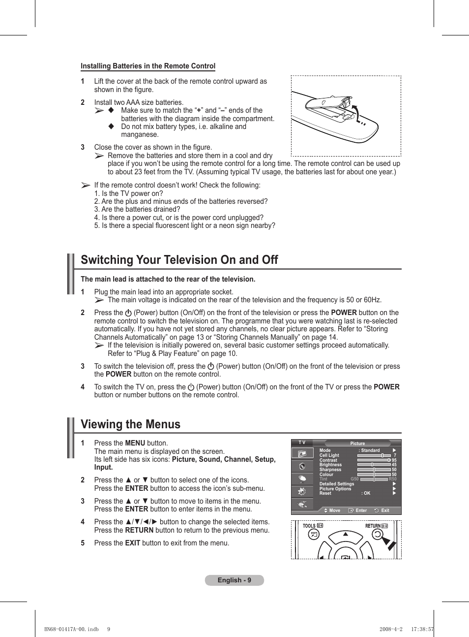 Switching your television on and off, Viewing the menus | Samsung PS50A451P1 User Manual | Page 9 / 483