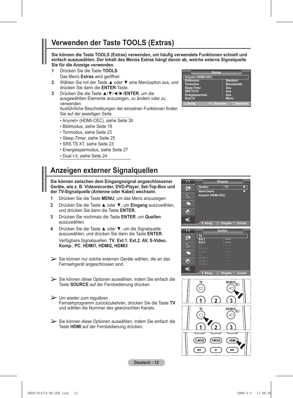 Anzeigen externer signalquellen, Verwenden der taste tools (extras) | Samsung PS50A451P1 User Manual | Page 93 / 483