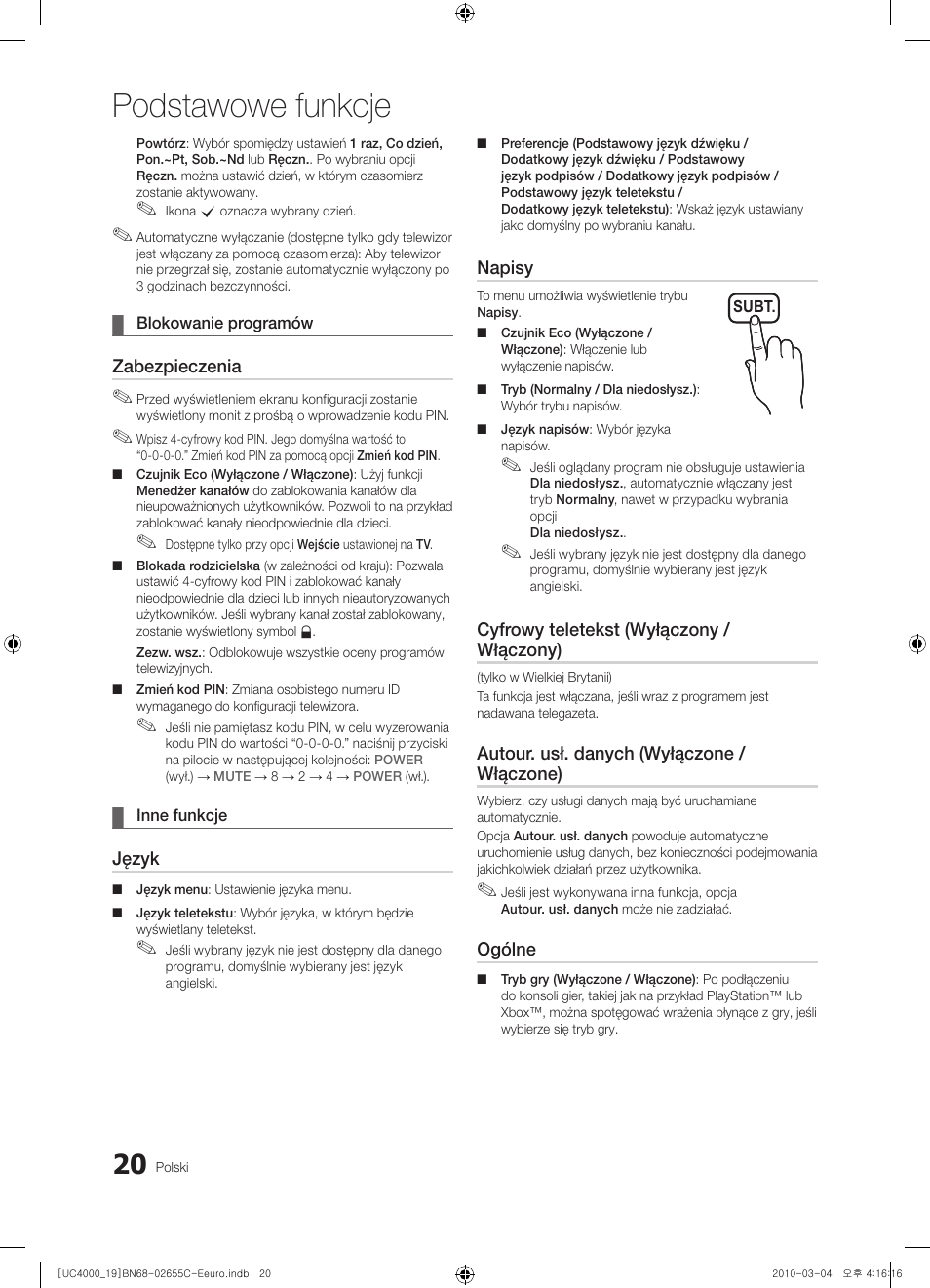 Podstawowe funkcje | Samsung UE32C4000PW User Manual | Page 104 / 421