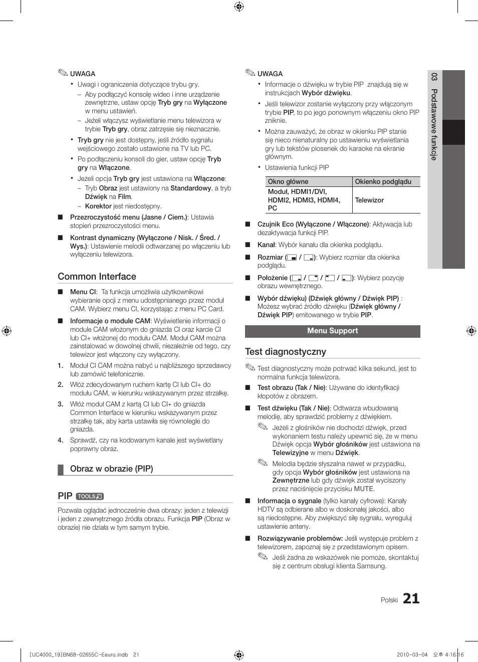 Common interface, Test diagnostyczny | Samsung UE32C4000PW User Manual | Page 105 / 421