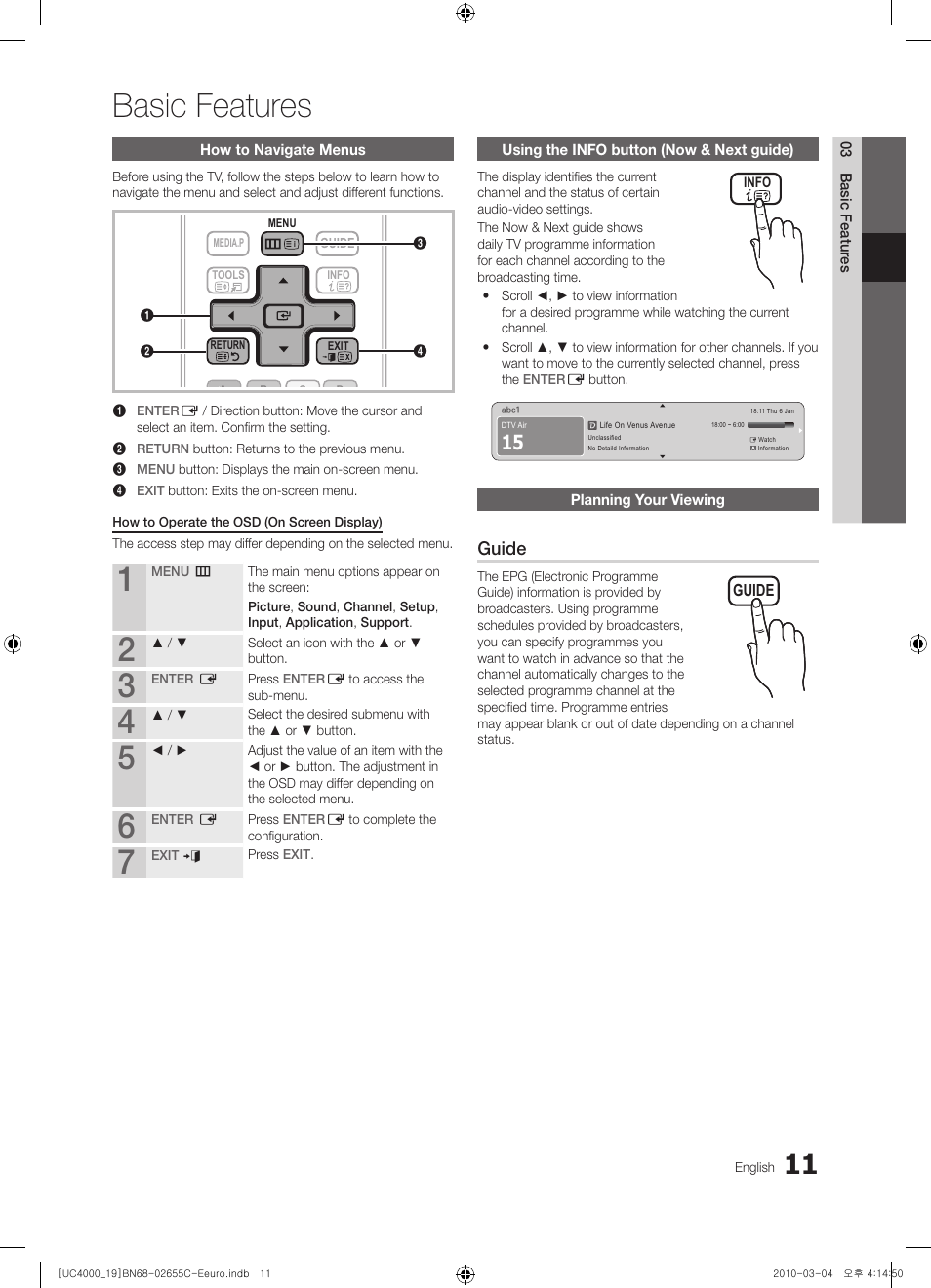 Basic features, Guide | Samsung UE32C4000PW User Manual | Page 11 / 421