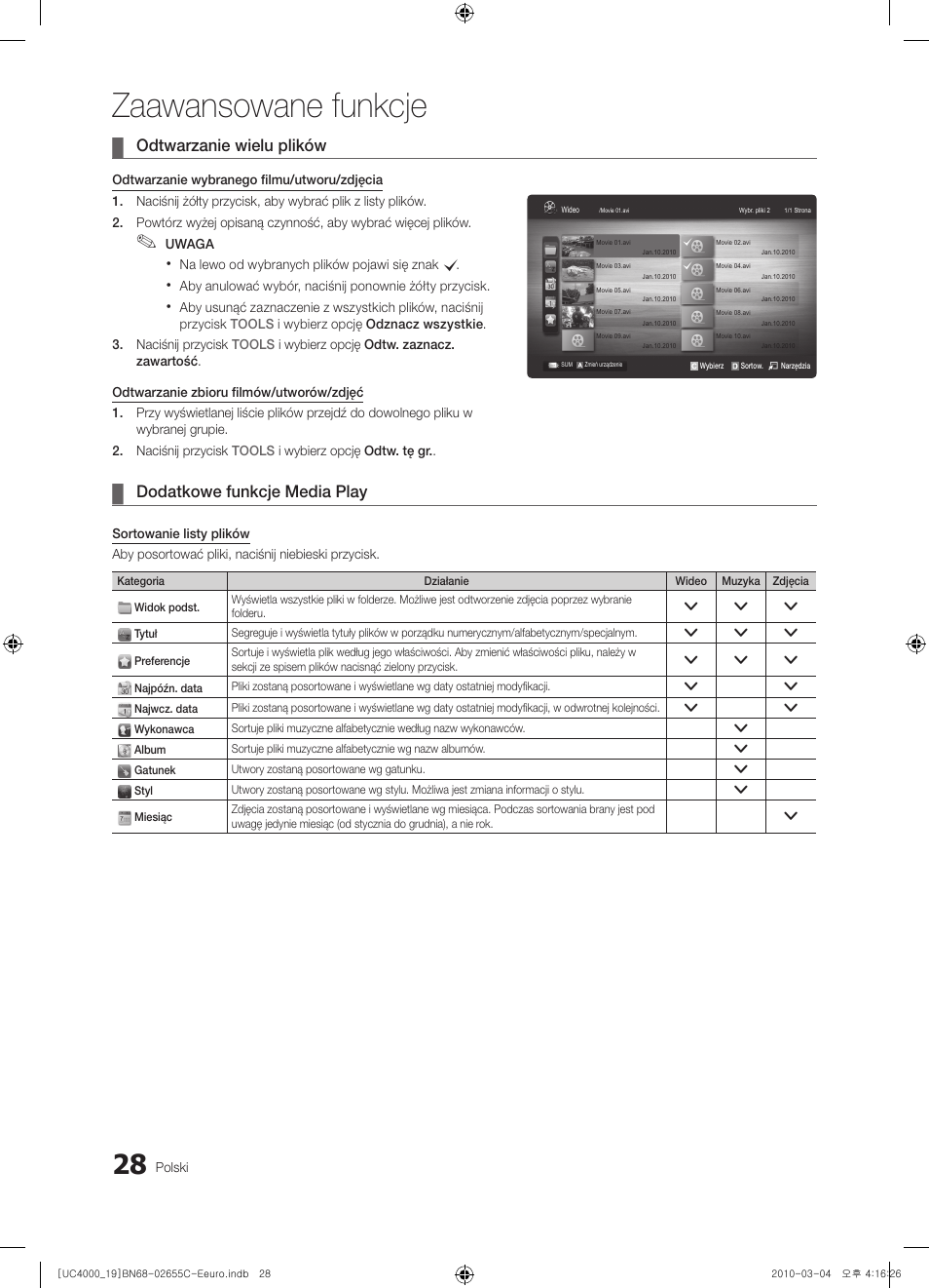 Zaawansowane funkcje, Odtwarzanie wielu plików, Dodatkowe funkcje media play | Samsung UE32C4000PW User Manual | Page 112 / 421
