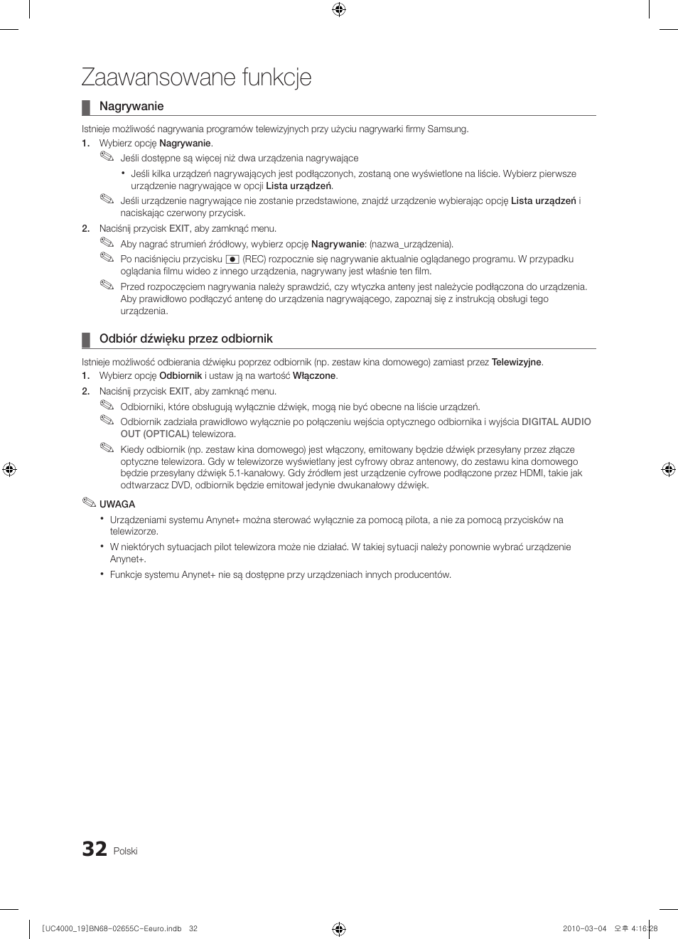 Zaawansowane funkcje | Samsung UE32C4000PW User Manual | Page 116 / 421