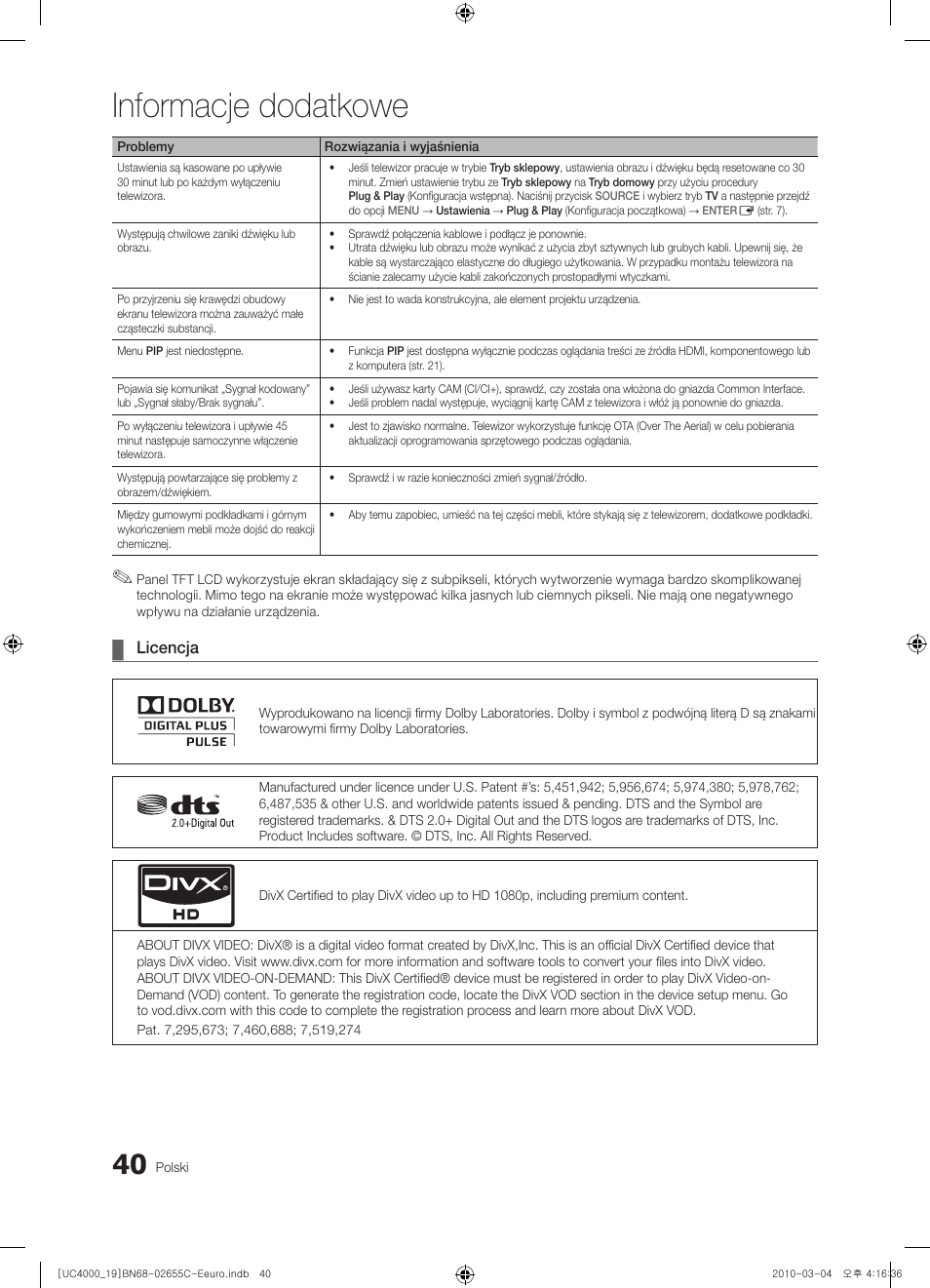 Informacje dodatkowe | Samsung UE32C4000PW User Manual | Page 124 / 421