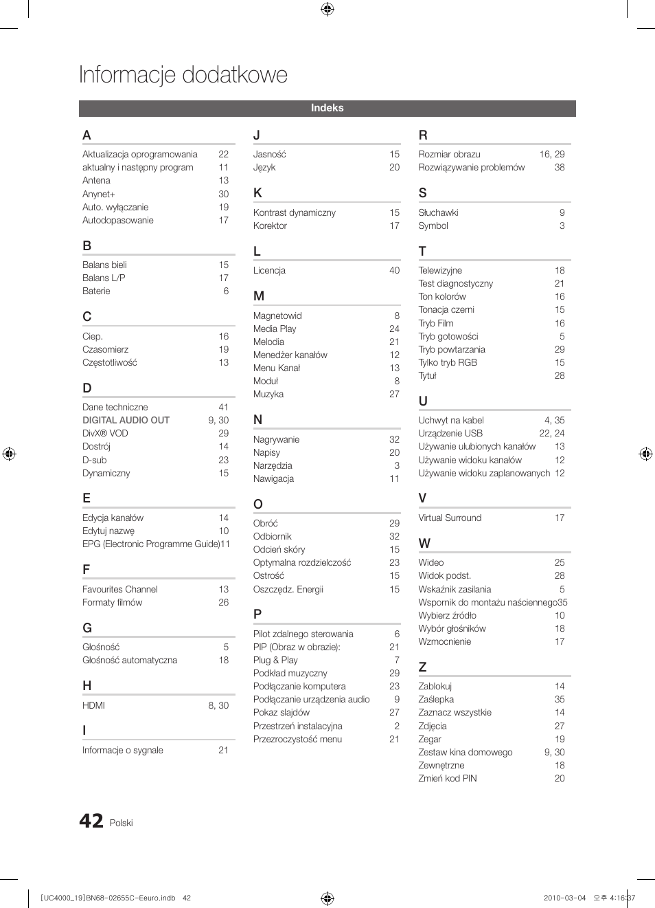 Informacje dodatkowe | Samsung UE32C4000PW User Manual | Page 126 / 421