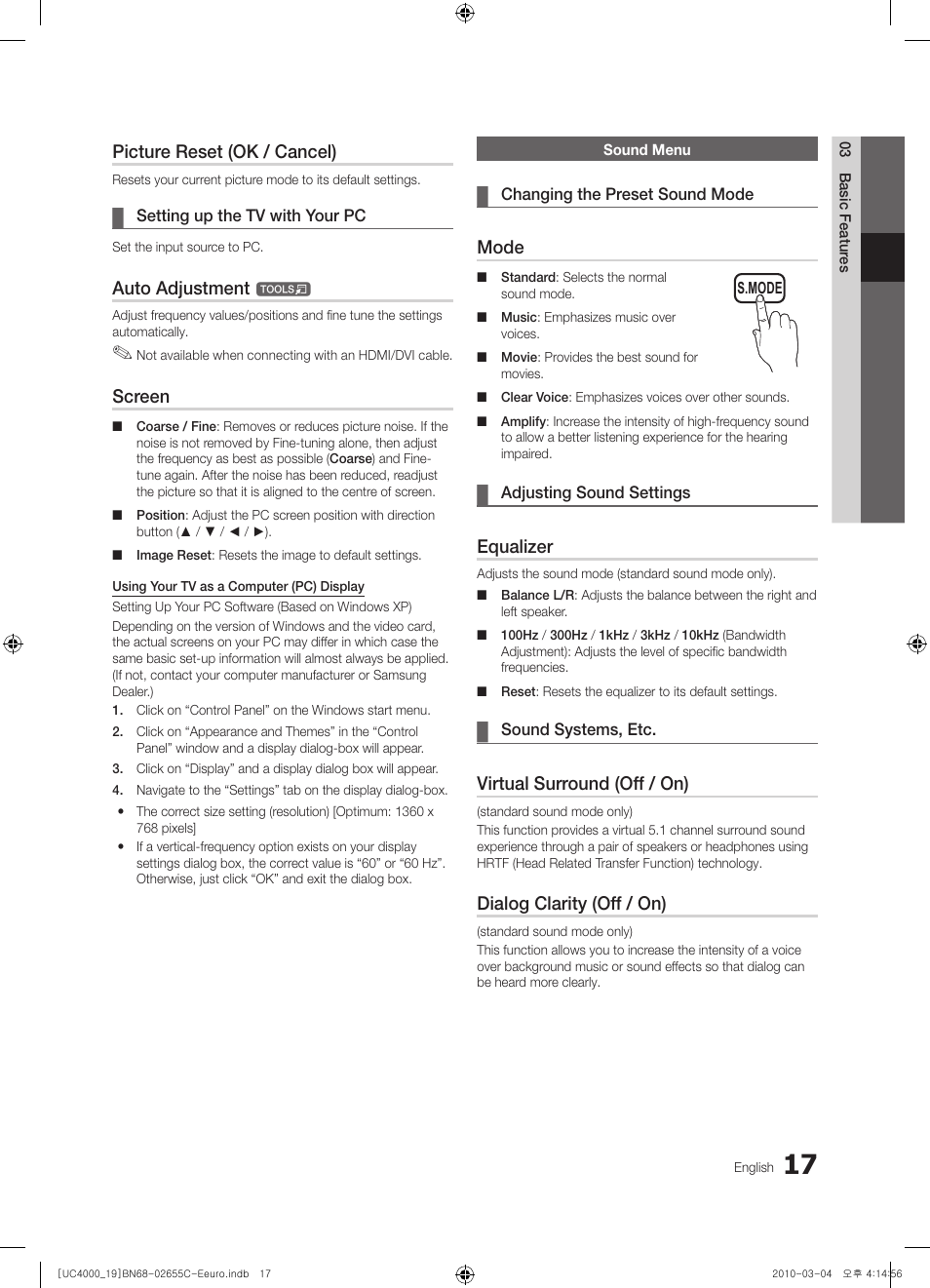 Picture reset (ok / cancel), Auto adjustment, Screen | Mode, Equalizer, Virtual surround (off / on), Dialog clarity (off / on) | Samsung UE32C4000PW User Manual | Page 17 / 421