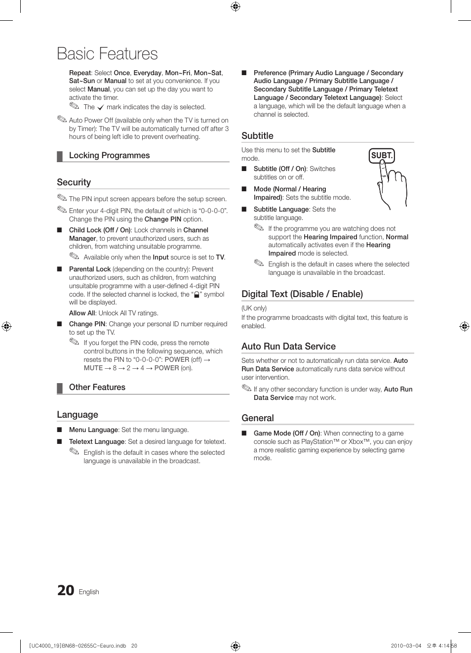 Basic features | Samsung UE32C4000PW User Manual | Page 20 / 421