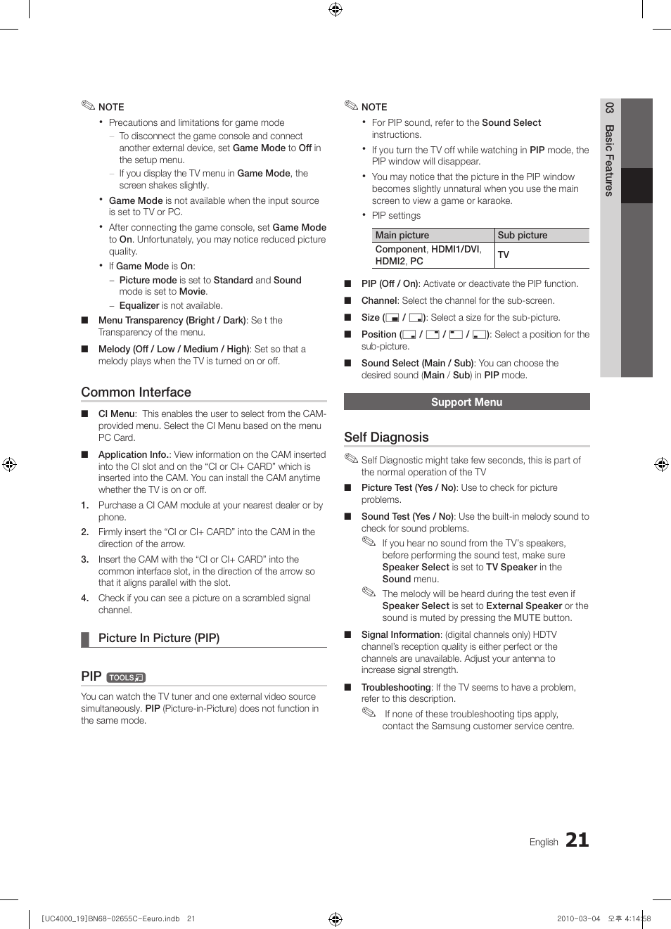 Common interface, Self diagnosis | Samsung UE32C4000PW User Manual | Page 21 / 421
